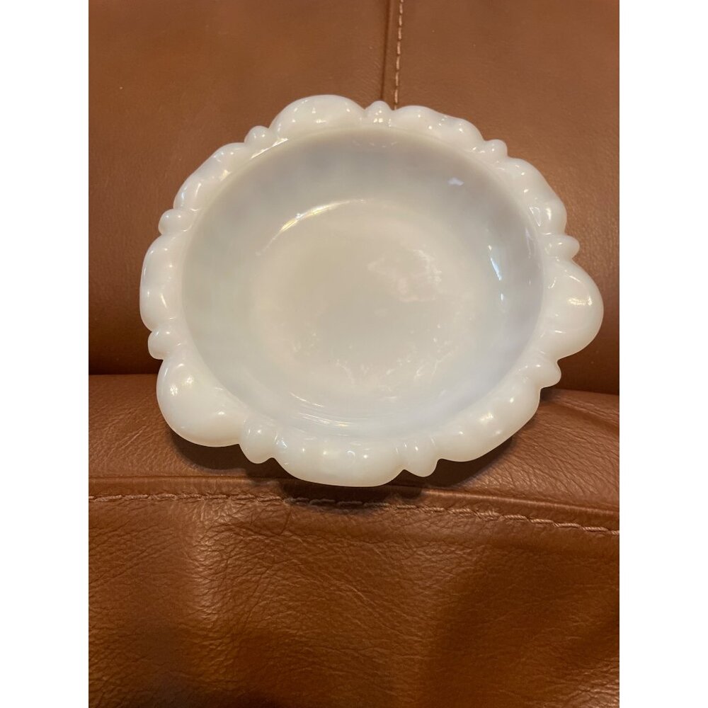 Vintage White Milk Glass Scalloped Bowl With Embossed Floral Design - Decorative